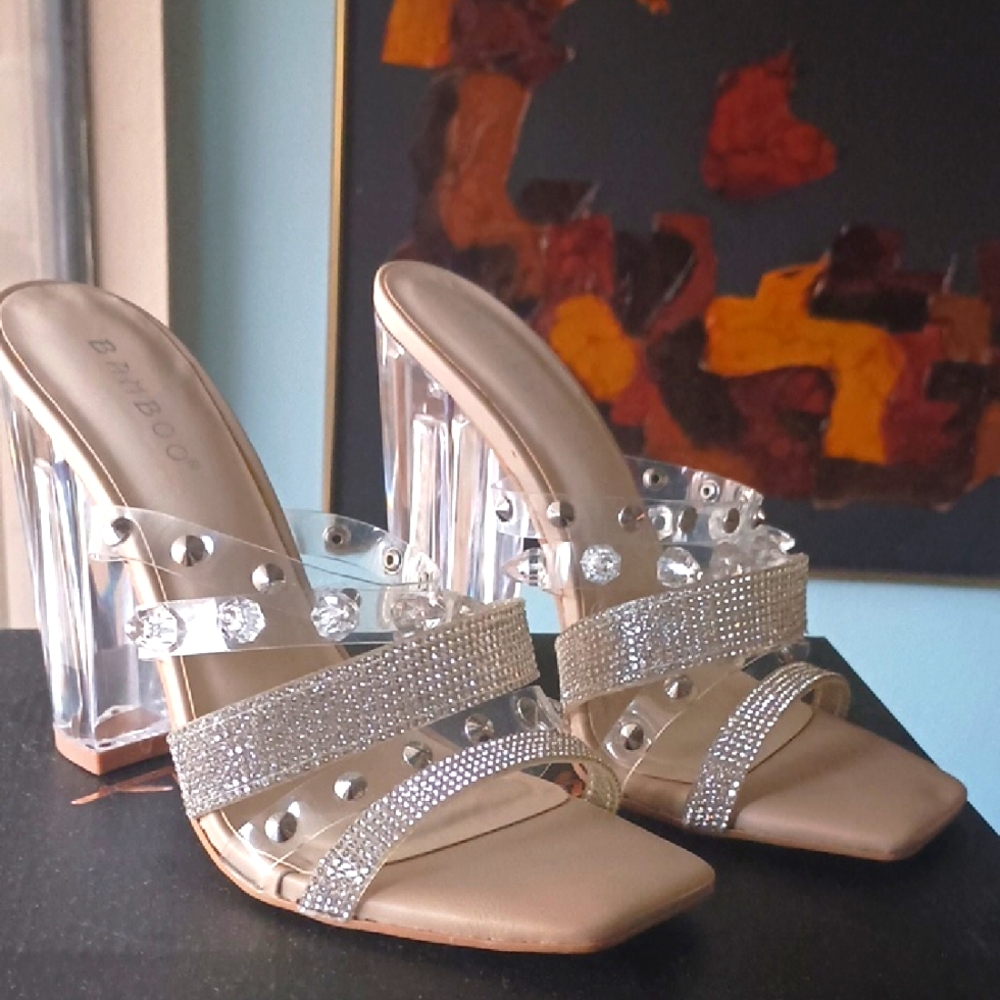 BAMBOO Tan and Clear Embellished Heels